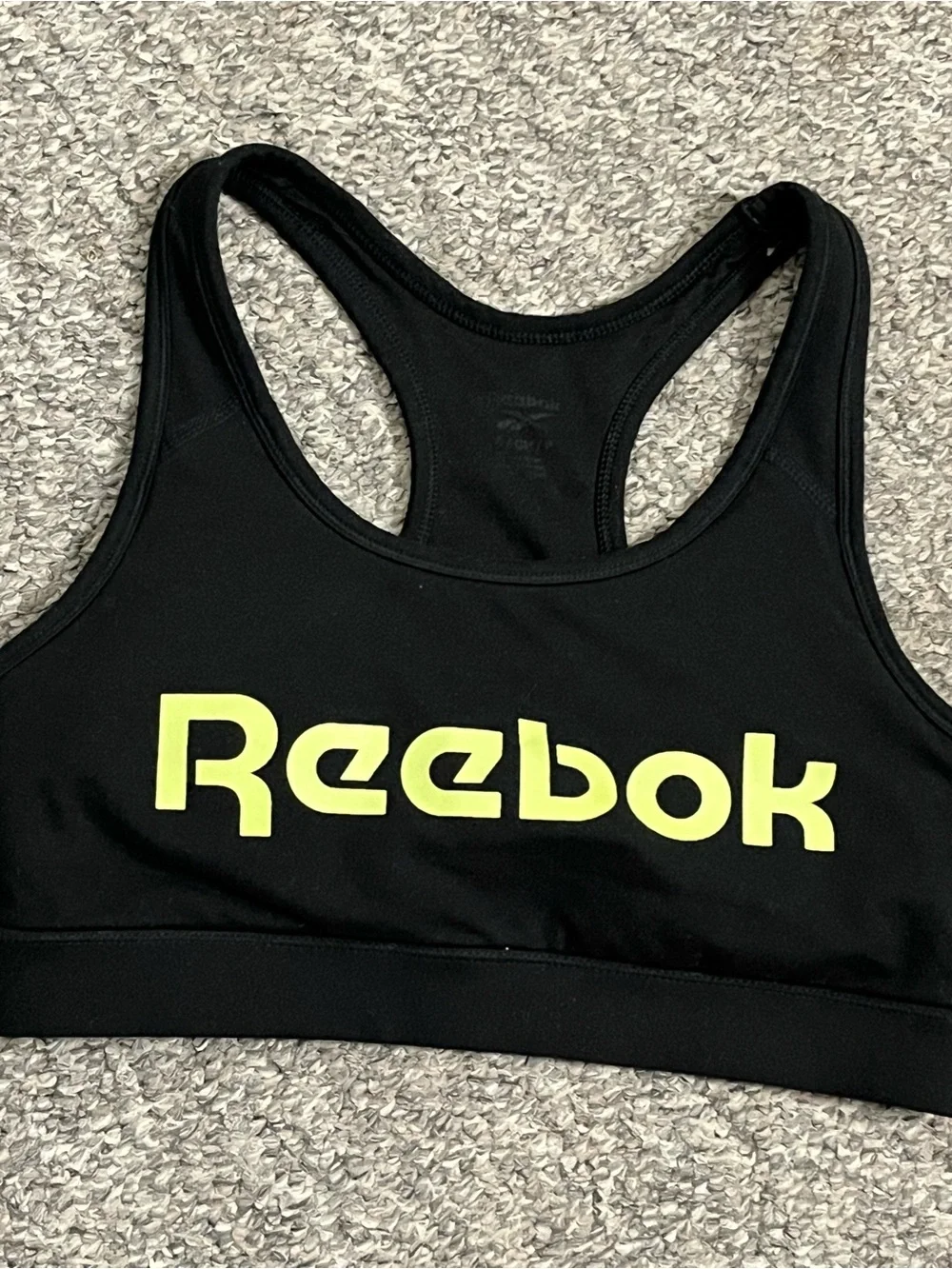 Reebok Women's Racerback Sports Bra Black Neon Yellow Graphic Logo Size Small